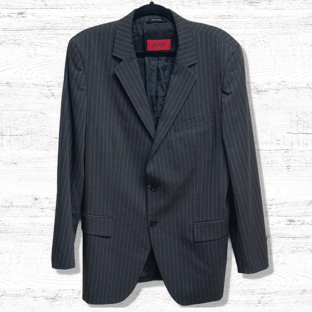 Hugo Boss Aamon Hago Two Button Single Breasted Wool Blend Gray Pinstripe Coat